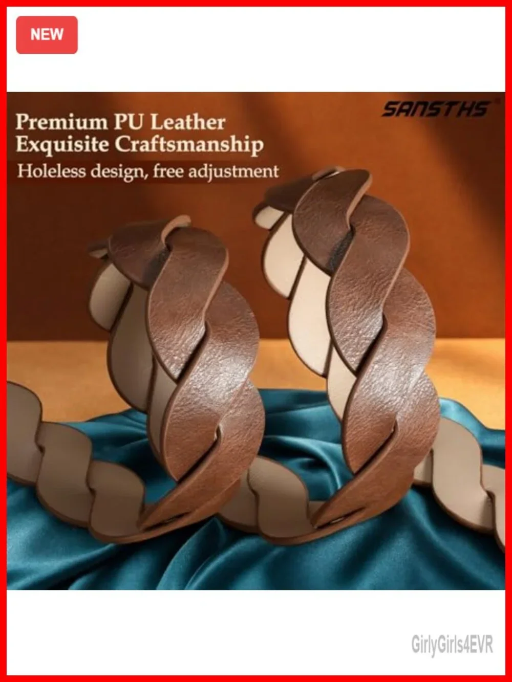 Boho Woven Leather Belt Vintage Gold Buckle No-Hole Adjustable Western Waist